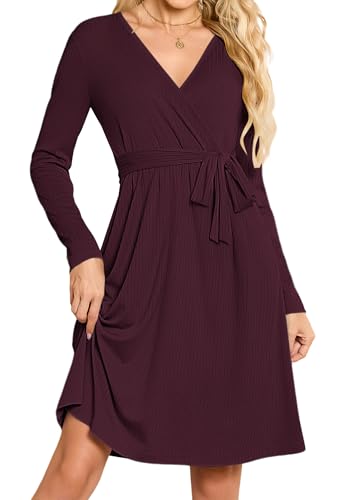 MOLERANI Strickkleid Damen Herbstkleid Langarm V-Ausschnitt Winterkleid Damen A-Linie Freizeitkleid mit Taschen Weinrot L von MOLERANI