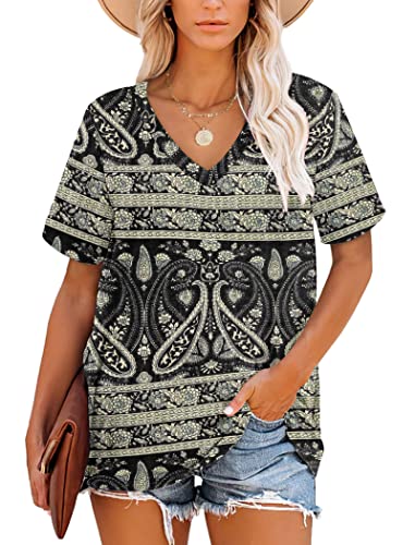 MOLERANI T-Shirt für Damen, lässige Sommer-Tops, kurzärmelige Tuniken (Boho Blumenschwarz, XL) von MOLERANI