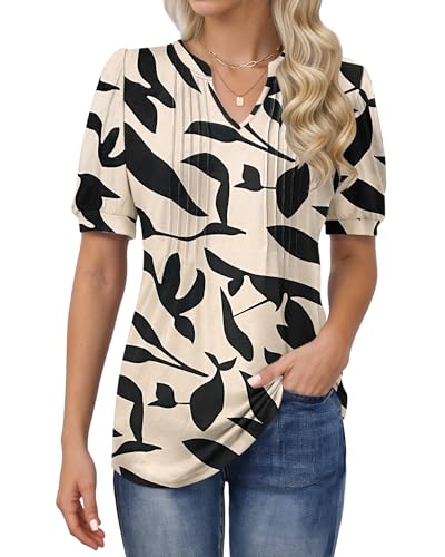 MOLERANI T-Shirts für Damen - Bluse Kurzarm Oberteile Soft V-Ausschnitt T-Shirt Plissee Tops mit Puffärmel Loose Casual Sommer Tops Aprikose Schwarzblatt S von MOLERANI