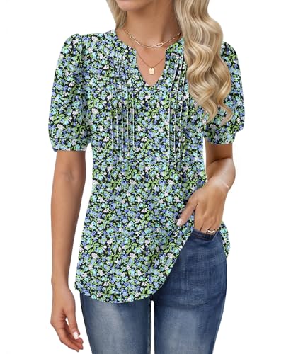MOLERANI T-Shirts für Damen - Bluse Kurzarm Oberteile Soft V-Ausschnitt T-Shirt Plissee Tops mit Puffärmel Loose Casual Sommer Tops Blaugrüne Blumen 2XL von MOLERANI
