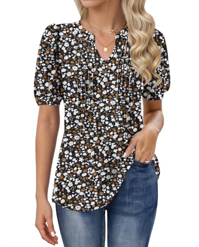 MOLERANI T-Shirts für Damen - Bluse Kurzarm Oberteile Soft V-Ausschnitt T-Shirt Plissee Tops mit Puffärmel Loose Casual Sommer Tops Braun Grün Geblümt M von MOLERANI