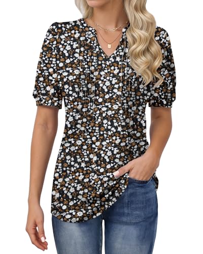MOLERANI T-Shirts für Damen - Bluse Kurzarm Oberteile Soft V-Ausschnitt T-Shirt Plissee Tops mit Puffärmel Loose Casual Sommer Tops Braun Grün Geblümt XL von MOLERANI