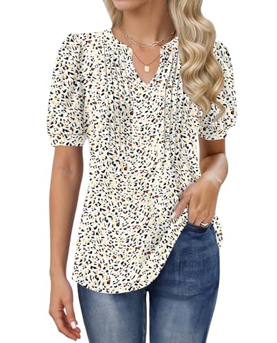MOLERANI T-Shirts für Damen - Bluse Kurzarm Oberteile Soft V-Ausschnitt T-Shirt Plissee Tops mit Puffärmel Loose Casual Sommer Tops Farbe Muster M von MOLERANI