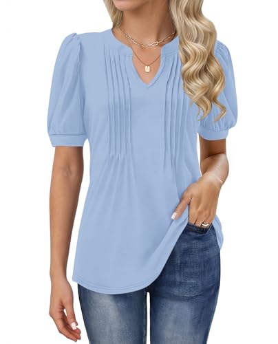 MOLERANI T-Shirts für Damen - Bluse Kurzarm Oberteile Soft V-Ausschnitt T-Shirt Plissee Tops mit Puffärmel Loose Casual Sommer Tops Himmelblau 2XL von MOLERANI