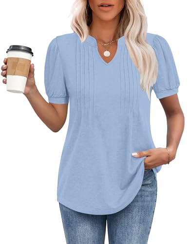 MOLERANI T-Shirts für Damen - Bluse Kurzarm Oberteile Soft V-Ausschnitt T-Shirt Plissee Tops mit Puffärmel Loose Casual Sommer Tops Himmelblau XL MOLERANI T-Shirts für Damen - Bluse Kurzarm Oberteile Soft V-Ausschnitt T-Shirt Plissee Tops mit Puffärmel Loose Casual Sommer Tops Himmelblau XL von MOLERANI