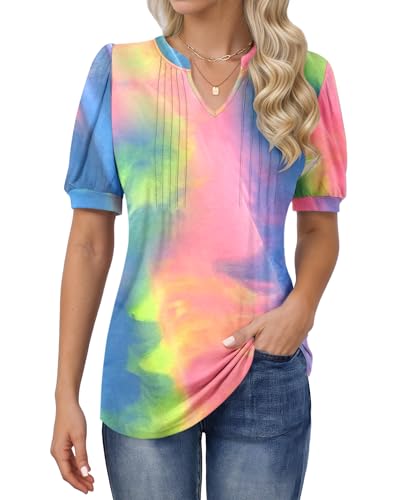 MOLERANI T-Shirts für Damen - Bluse Kurzarm Oberteile Soft V-Ausschnitt T-Shirt Plissee Tops mit Puffärmel Loose Casual Sommer Tops Regenbogen 2XL MOLERANI T-Shirts für Damen - Bluse Kurzarm Oberteile Soft V-Ausschnitt T-Shirt Plissee Tops mit Puffärmel Loose Casual Sommer Tops Regenbogen 2XL von MOLERANI