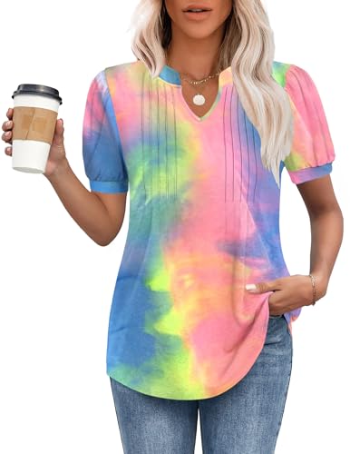 MOLERANI T-Shirts für Damen - Bluse Kurzarm Oberteile Soft V-Ausschnitt T-Shirt Plissee Tops mit Puffärmel Loose Casual Sommer Tops Regenbogen L MOLERANI T-Shirts für Damen - Bluse Kurzarm Oberteile Soft V-Ausschnitt T-Shirt Plissee Tops mit Puffärmel Loose Casual Sommer Tops Regenbogen L von MOLERANI