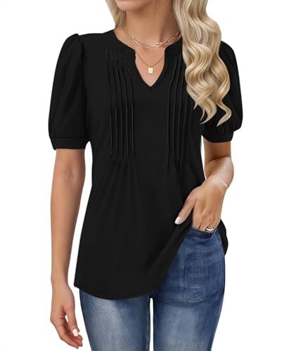 MOLERANI T-Shirts für Damen - Bluse Kurzarm Oberteile Soft V-Ausschnitt T-Shirt Plissee Tops mit Puffärmel Loose Casual Sommer Tops Schwarz L von MOLERANI