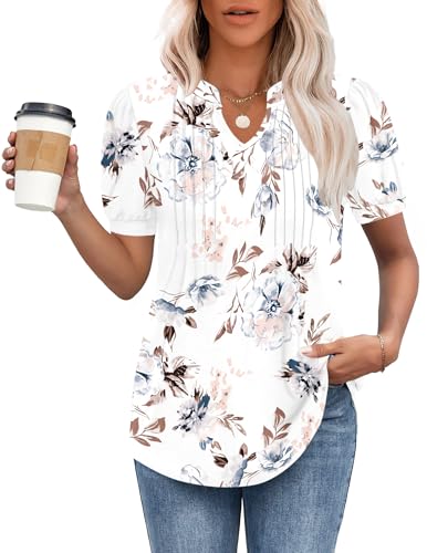 MOLERANI T-Shirts für Damen - Bluse Kurzarm Oberteile Soft V-Ausschnitt T-Shirt Plissee Tops mit Puffärmel Loose Casual Sommer Tops Weiße Blumen L MOLERANI T-Shirts für Damen - Bluse Kurzarm Oberteile Soft V-Ausschnitt T-Shirt Plissee Tops mit Puffärmel Loose Casual Sommer Tops Weiße Blumen L von MOLERANI