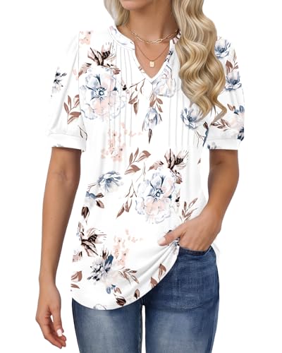 MOLERANI T-Shirts für Damen - Bluse Kurzarm Oberteile Soft V-Ausschnitt T-Shirt Plissee Tops mit Puffärmel Loose Casual Sommer Tops Weiße Blumen M MOLERANI T-Shirts für Damen - Bluse Kurzarm Oberteile Soft V-Ausschnitt T-Shirt Plissee Tops mit Puffärmel Loose Casual Sommer Tops Weiße Blumen M von MOLERANI