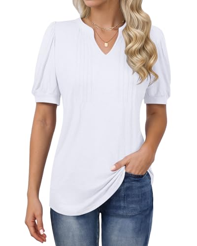 MOLERANI T-Shirts für Damen - Bluse Kurzarm Oberteile Soft V-Ausschnitt T-Shirt Plissee Tops mit Puffärmel Loose Casual Sommer Tops Weiße M MOLERANI T-Shirts für Damen - Bluse Kurzarm Oberteile Soft V-Ausschnitt T-Shirt Plissee Tops mit Puffärmel Loose Casual Sommer Tops Weiße M von MOLERANI