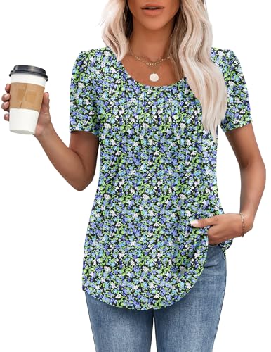 MOLERANI T-Shirts für Damen Kurzarm Oberteile Soft T-Shirt mit Rundhalsausschnitt Loose Casual Sommer Tops Blaue Grüne Blumen S von MOLERANI