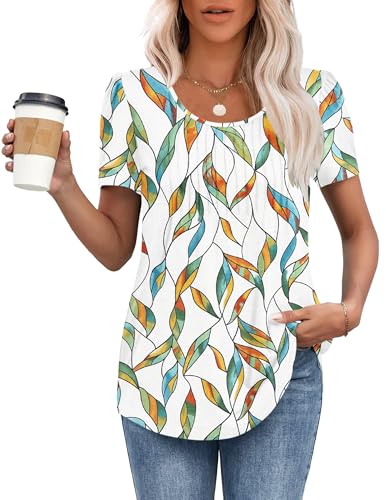 MOLERANI T-Shirts für Damen Kurzarm Oberteile Soft T-Shirt mit Rundhalsausschnitt Loose Casual Sommer Tops Blaugelbe Farbverläufe Blätter S von MOLERANI