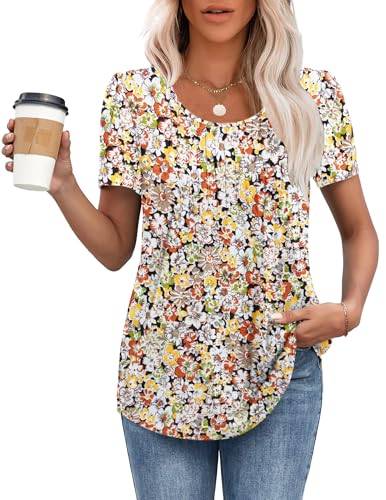 MOLERANI T-Shirts für Damen Kurzarm Oberteile Soft T-Shirt mit Rundhalsausschnitt Loose Casual Sommer Tops Orange Gelbe Blumen M von MOLERANI