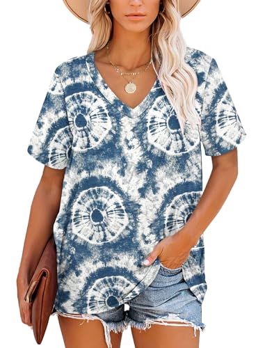 MOLERANI T-Shirts für Damen Kurzarm V-Ausschnitt Gestreifte Sommer Tops Casual Lose T-Shirt(Blau Weiß,L) von MOLERANI