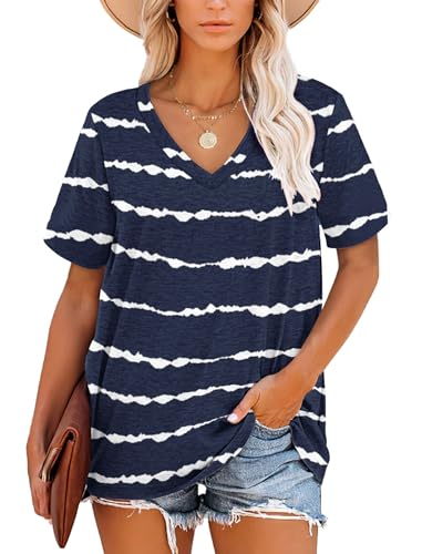 MOLERANI T-Shirts für Damen Kurzarm V-Ausschnitt Gestreifte Sommer Tops Casual Lose T-Shirt(Blaustich,M) von MOLERANI