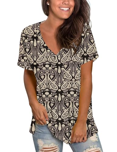 MOLERANI Tshirt Damen Kurzarm Sommer Tops V-Ausschnitt Mode Blusen Boho Floral Black 2XL von MOLERANI