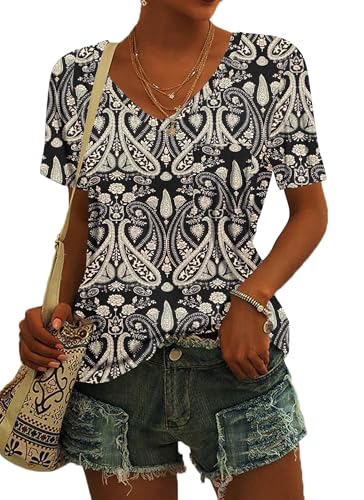 MOLERANI Tshirt Damen Kurzarm Sommer Tops V-Ausschnitt Mode Blusen Boho Floral Black 2XL von MOLERANI
