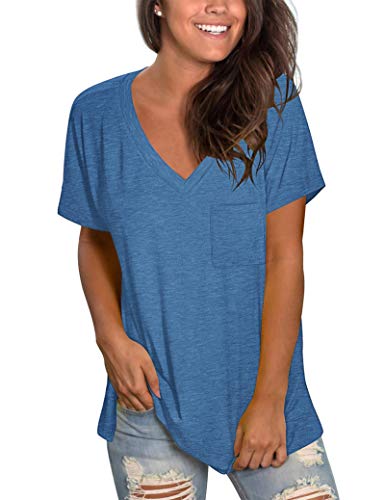 MOLERANI V-Ausschnitt T-Shirts für Frauen Kurzarm Soft Tees Tops Basic T-Shirts Blau 2XL von MOLERANI