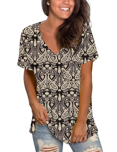 MOLERANI V-Ausschnitt T-Shirts für Frauen Kurzarm Tunika Tops für Legging Casual Tshirts Boho Floral Black L von MOLERANI