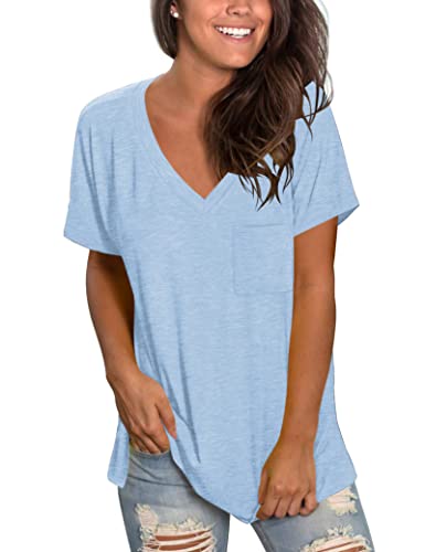 Schlichte T-Shirts für Frauen Sommer Kurzarm Tops Bequeme T-Shirts V-Ausschnitt Himmelblau S. von MOLERANI