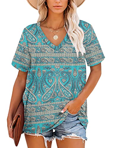 T-Shirt für Damen, lässige Sommer-Tops, kurzärmelige Tuniken (Boho Blumengrün, XL) von MOLERANI