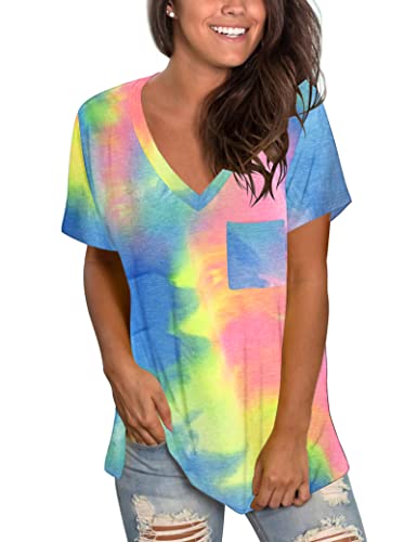 T-Shirts für Frauen Sommer Kurzarm Tops Bequeme T-Shirts V-Ausschnitt Gefärbt Rosa Gelb Blau S von MOLERANI