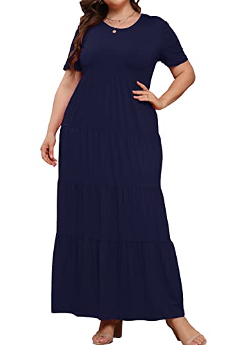 MOLFROA Damen-Maxikleid mit kurzen Ärmeln, Rüschen, Übergröße, lässig, locker, langes Kleid, Marineblau 2, 4XL von MOLFROA