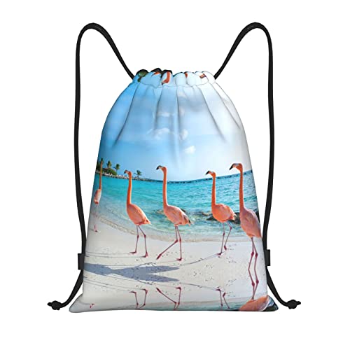 MOLIAE Los Angeles Taschen mit Kordelzug, Palmenmuster, ideal für Fitnessstudio, Sport und Reisen, Rosa Flamingo am Strand, Small von MOLIAE