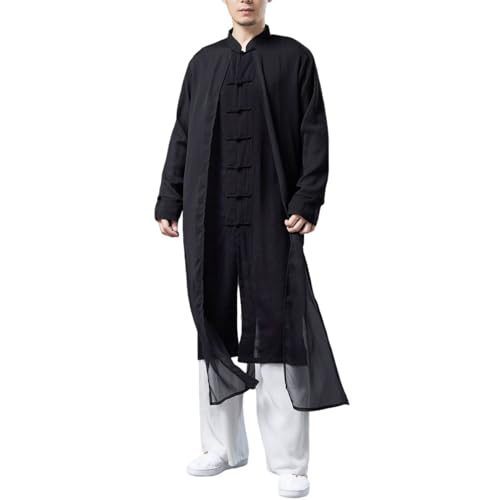 MOLUCI Herren-Baumwoll-Leinen-traditionelle Lose Robe Gefälschte Zwei Chinesische Stil-Frosch-Knopf-leichte Kung-Fu-Tai-Chi-Kleidung,Schwarz,XL von MOLUCI