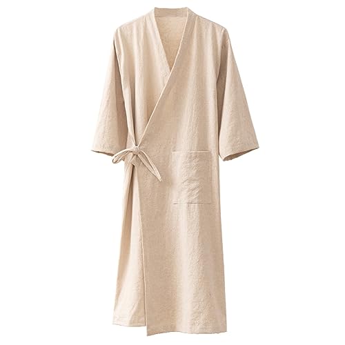 MOLUCI Herren Damen Baumwoll-Leinen-Bademantel für Paare im Japanischen Stil Saugfähiger Schnell Trocknender Kimono-Yukata-Saunamantel,Hemp,M von MOLUCI