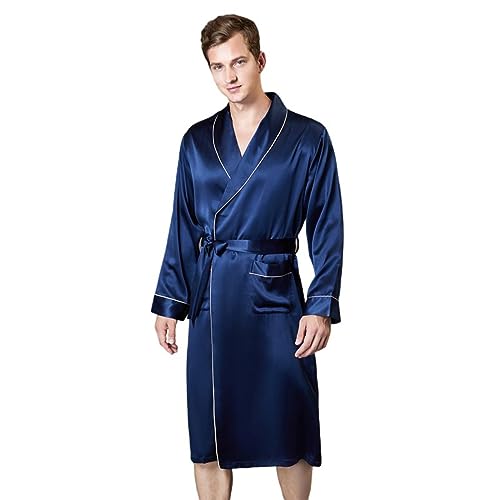 MOLUCI Herren-Kimono-Robe aus Maulbeerseide Leicht Langärmelig Bademantel Nachthemd Luxuriöse Nachtwäsche für Hochzeit Party,Blau,XL von MOLUCI