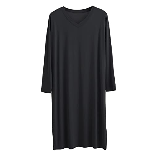 MOLUCI Herren-Nachthemden aus Modal für Frühling und Sommer V-Ausschnitt Neun Punkte-Ärmel Lange Nachthemden Bequeme Nachtwäsche Heimkleidung,Schwarz,XL von MOLUCI