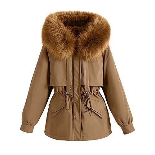 MOLUFAN Damen Winter Parka Mäntel Verdicktes Futter Füschige Kapuze Oberbekleidung Einfarbig Gummizug Taille Mittellang Warm Mantel, khaki, 50 von MOLUFAN