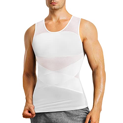 MOLUTAN Herren Kompressionsshirt Slimming Body Shaper Vest Sleeveless Undershirt Tank Top Bauchkontrolle Shapewear für Herren, Weiß, 4X-Groß von MOLUTAN