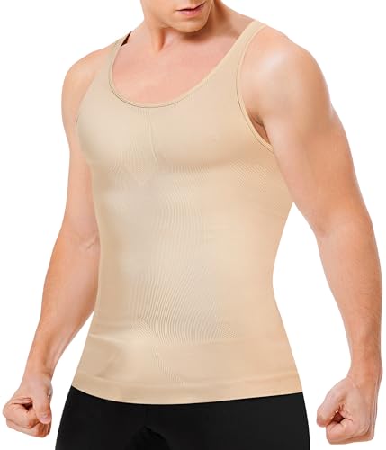 MOLUTAN Kompressionsshirt für Herren, Bodyshaper, Tanktop, ärmellos, schlankmachendes Unterhemd, Shapewear Bauchkontrolle, Hellbeige, X-Large-XX-Large von MOLUTAN