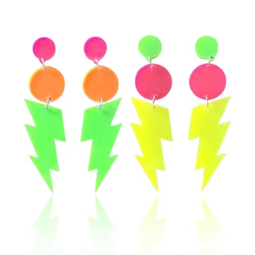 MOLZINY 2 Paar Neon Ohrringe 80er 90er Jahre Blitz Bolzen Ohrringe Retro Acryl Ohrringe Blitz Ohrringe 80er Jahre Ohrringe Frauen Vintage Ohrringe für Mottoparty Kostüm Party Maskerade Frau Mädchen von MOLZINY