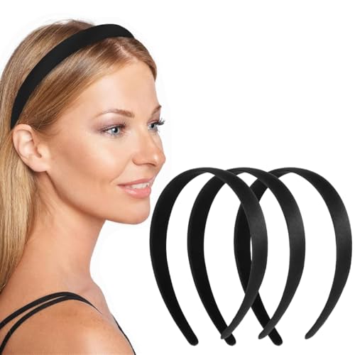 MOLZINY 3 Stück Stirnband aus Stoff Satin-Stirnbänder Hartes Kopfband Modisches Haarreifen Schwarze Haarband Haarschmuck Solides Gepolsterte Einfaches Stirnband für Party DIY-Haarschmuck von MOLZINY