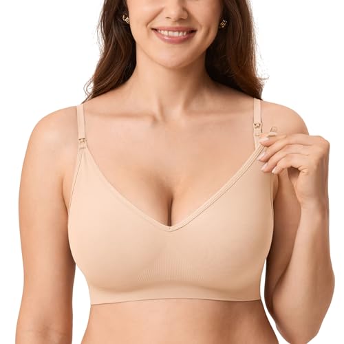 MOMANDA Damen Seamless Still BH ohne Bügel Gerippter Bralette Pullover Schwangerschafts Schlaf BHS Ungepolstert Mutterschaft Beige L von MOMANDA