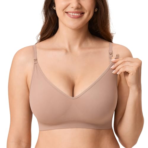 MOMANDA Damen Seamless Still BH ohne Bügel Gerippter Bralette Pullover Schwangerschafts Schlaf BHS Ungepolstert Mutterschaft Kakaobeige L von MOMANDA