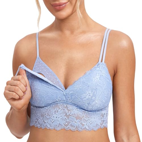 MOMANDA Damen Still BH Große Brüste Spitzen Bralette Bügellos Gepolsterte Umstands BHS Geheimnis blau L von MOMANDA