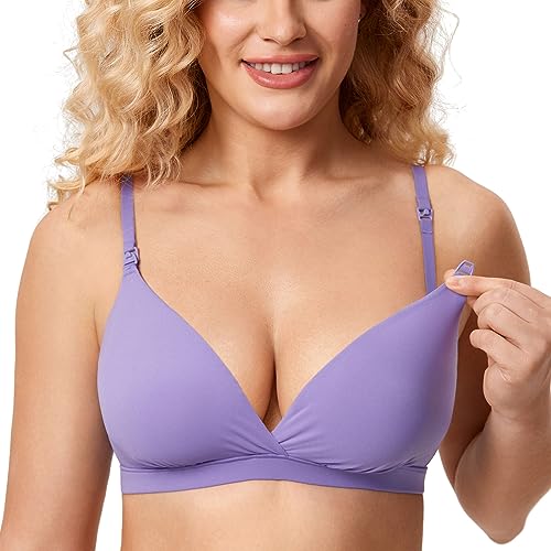 MOMANDA Damen Still BH Ohne Bügel Soft Seamless Bralette Tiefer Ausschnitt Schwangerschafts Schlaf BHS Seerose Lila M von MOMANDA