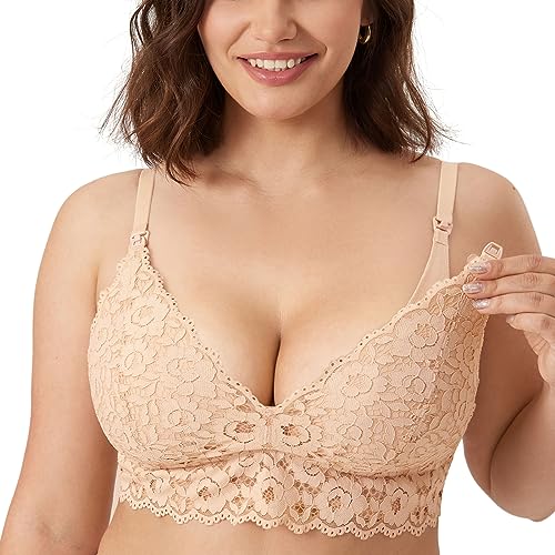 MOMANDA Damen Still BH Spitze Bralette Gepolsterter Kabelloser Umstands BHS Stillen Beige 85E von MOMANDA