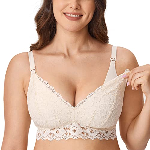 MOMANDA Damen Still BH Spitze Bralette ohne Bügel Gepolstert Schwangerschafts BHS Große Brüste Stillen Schlaf Elfenbein 70F von MOMANDA