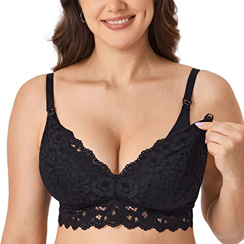 MOMANDA Damen Still BH Spitze Bralette ohne Bügel Gepolstert Schwangerschafts BHS Große Brüste Stillen Schlaf Schwarz 80E von MOMANDA