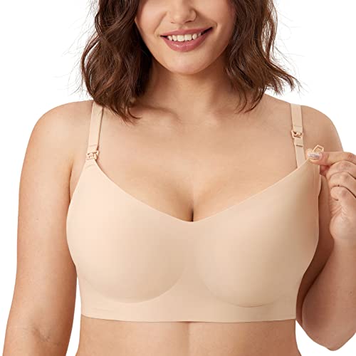 MOMANDA Damen Still BH ohne Bügel Nahtloser Schwangerschaft BHS Soft Große Brüste Schlaf BH mit Abnehmbaren Pad Beige 75E von MOMANDA