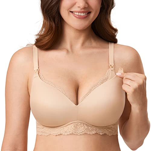 MOMANDA Damen Still BH ohne Bügel Schwangerschafts Spitzen BHS Mutterschaft Bralette für das Stillen Beige 70E von MOMANDA