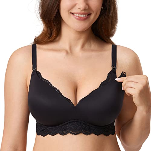 MOMANDA Damen Still BH ohne Bügel Schwangerschafts Spitzen BHS Mutterschaft Bralette für das Stillen Schwarz 75F von MOMANDA