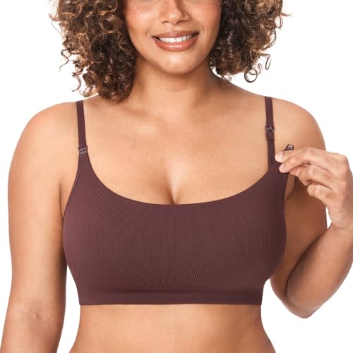 MOMANDA Damen Still BH ohne Bügel Seamless Gerippt Bralette Sport Schwangerschafts Stillen BHS Schlaf Bequemer Haselnuss L von MOMANDA