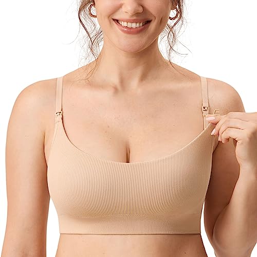 MOMANDA Damen Still BH ohne Bügel Soft Gepolstert Gerippt Schwangerschafts BHS Schlaf Bequemer Beige 2 XXL von MOMANDA